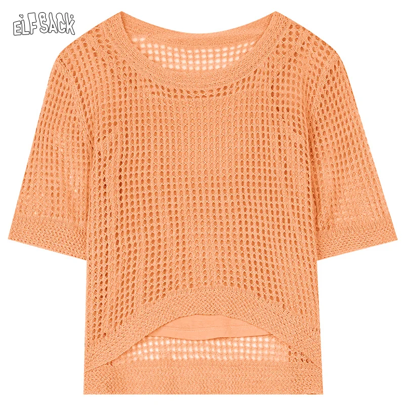 ELFSACK 2024 summer new arrival Pink translucent suspender sweater two-piece set casual all-match hollow blouse for women