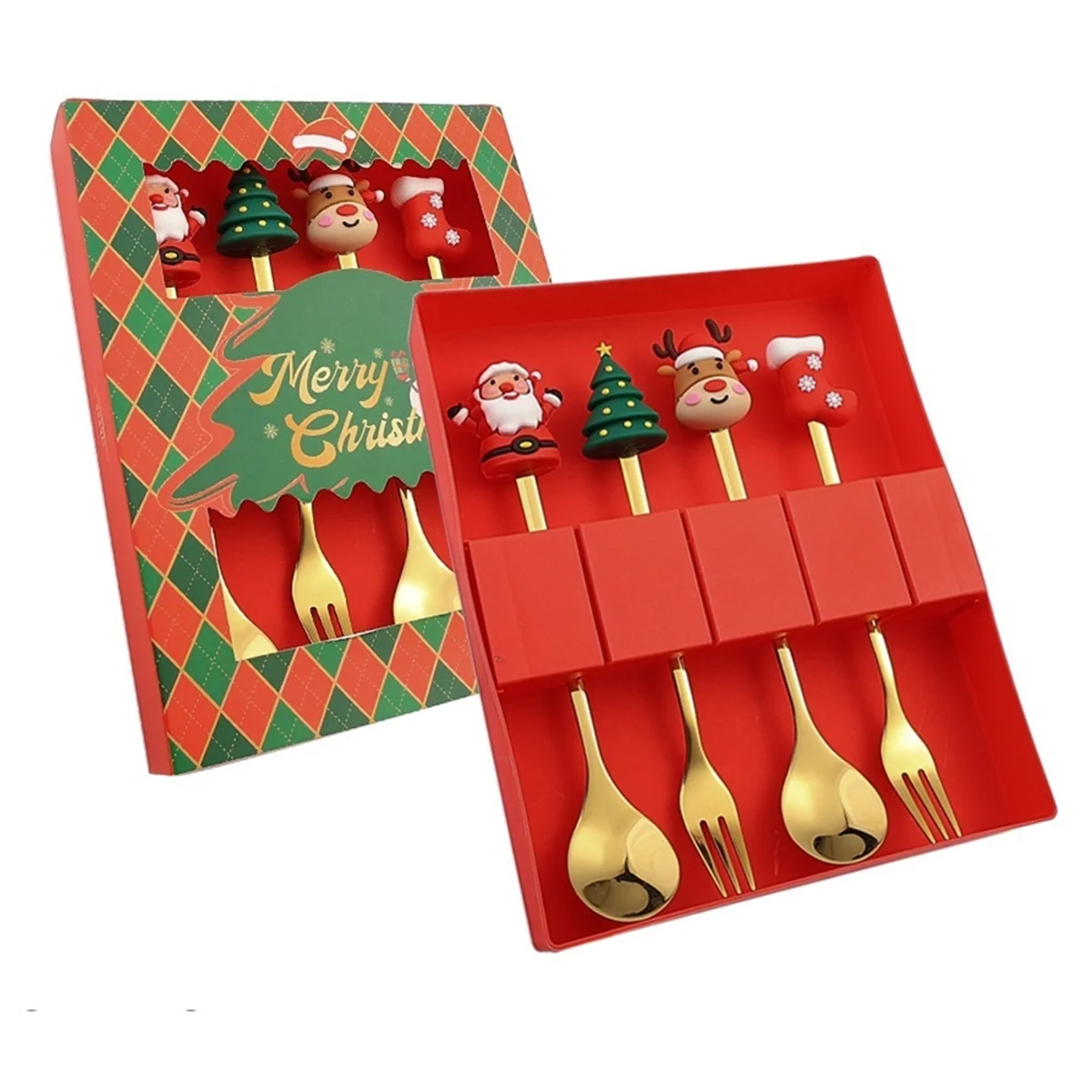 

4Pcs Christmas Fork and Spoon Set,Stainless Steel Tableware,Coffee Tea Dessert Forks and Spoons Set