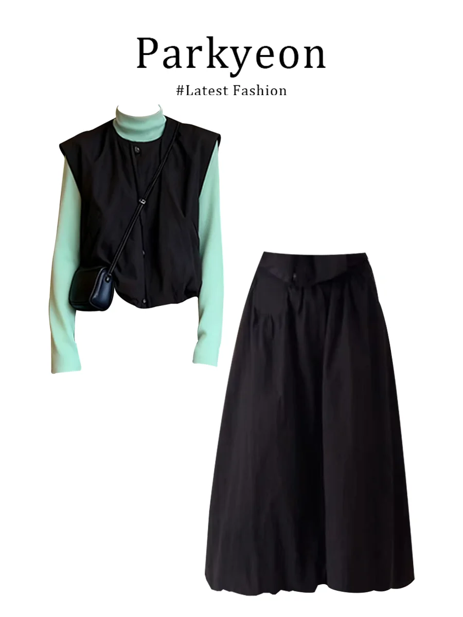 

Зимний комплект: зеленая вязаная базовая рубашка в корейском стиле, многослойный жилет, юбка с высокой талией, утягивающая фигуру, с длинным рукавом, дышащая, повседневная, модная