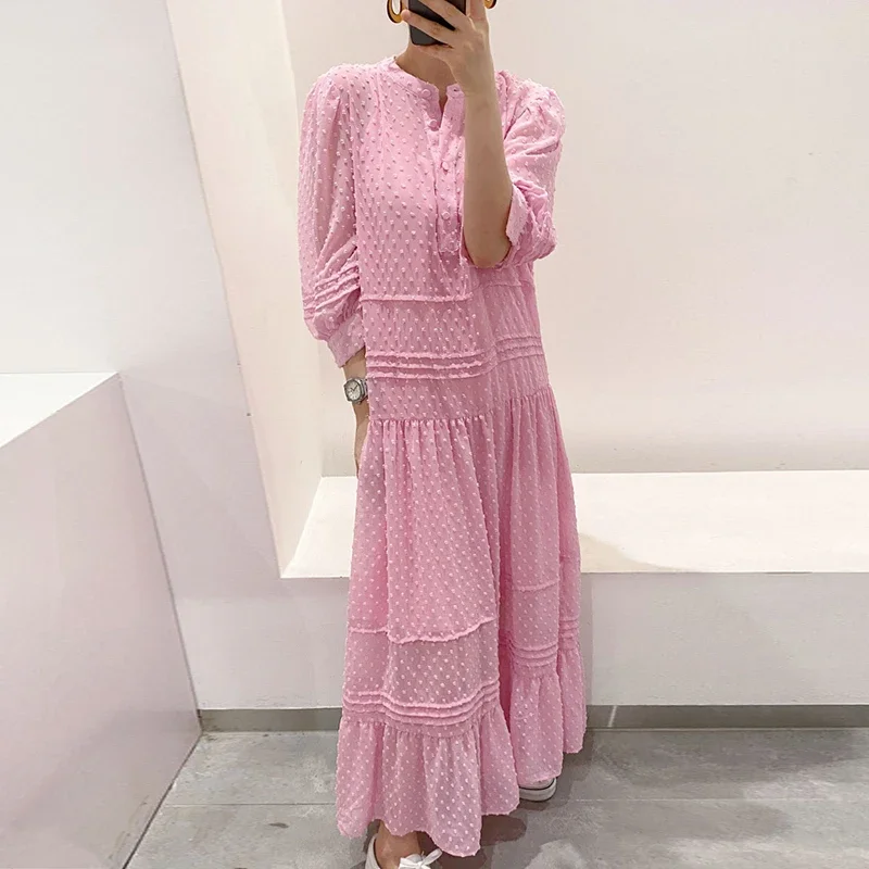 Coreano chique temperamento suave bolinhas em torno do pescoço único breasted puff manga longa vestido solto para mulher vestido de férias