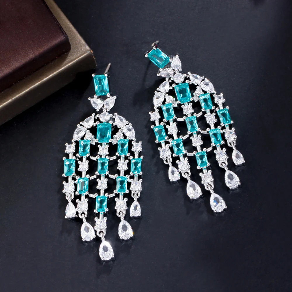 ThreeGraces Sweet Light Blue Cubic Zirconia Long Geometric Tassel Drop Earrings for Women Fashion Banquet Dinner Jewelry ER896