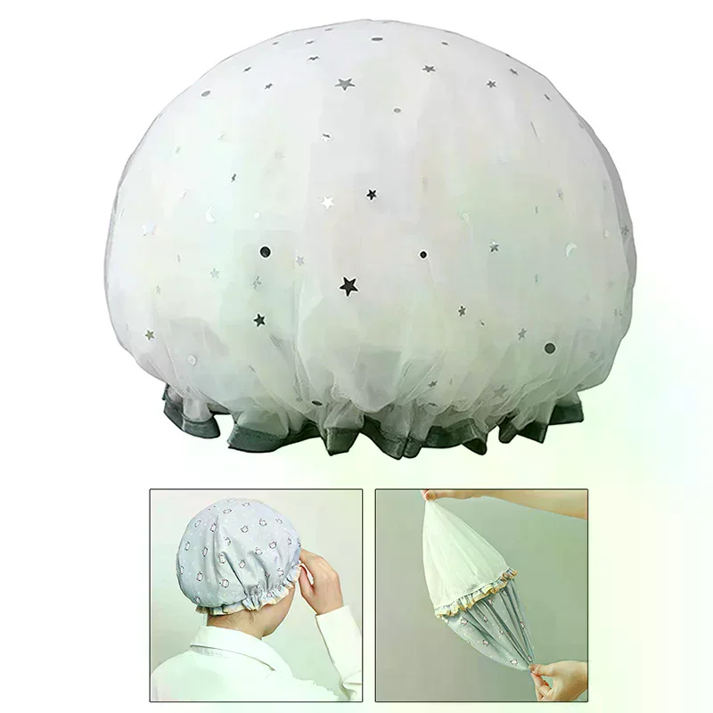 Double-layer Kitchen Lady Light Oil Fume-proof Cap Shower Cap Waterproof Adult Women Shower Bath Cap Shampoo Cap Cute Glitter