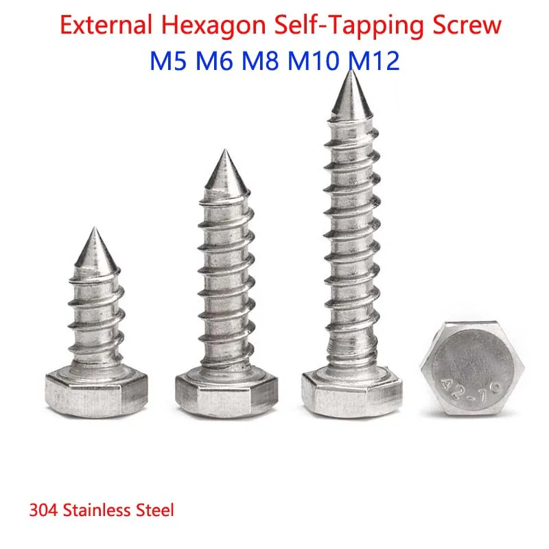304 Stainless Steel External Hexagon Self-Tapping Screw Tapping Woodworking Screws Full Tooth M5 M6 M8 M10 M12
