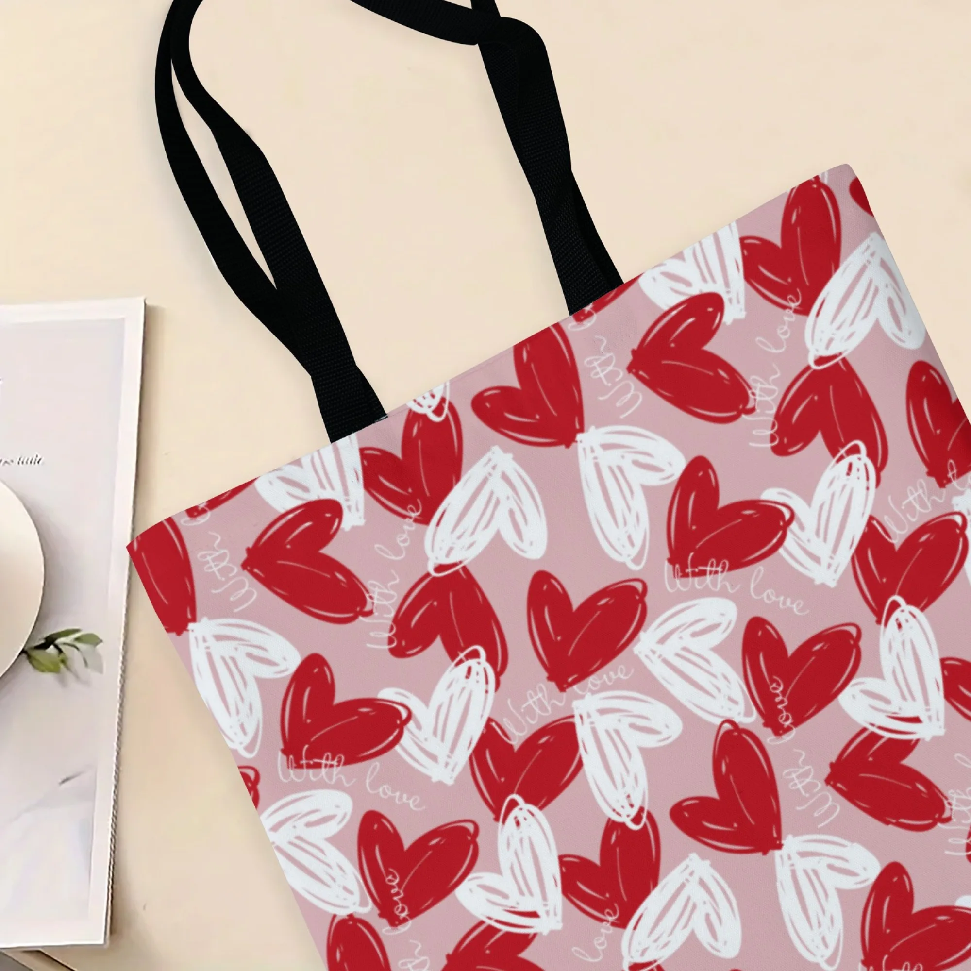 حقيبة يد قماشية رومانسية على طراز عيد الحب بتصميم قلب وردي حقيبة تسوق قابلة لإعادة الاستخدام للنساء مناسبة للتنقل اليومي