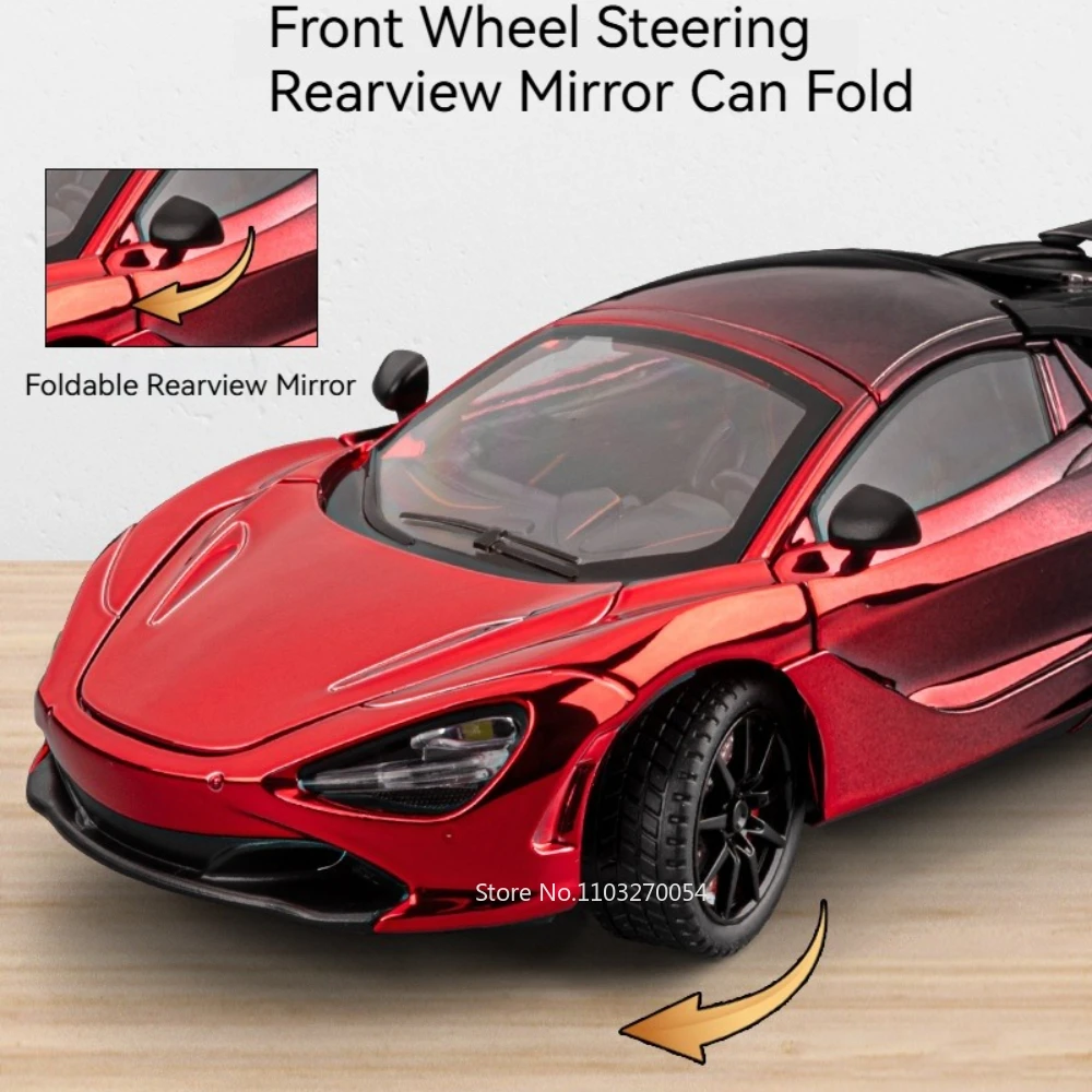 รถโมเดลไดแคสต์อัลลอยด์ 1:24 720S EVO ซูเปอร์คาร์ ของเล่นเด็ก พร้อมระบบพวงมาลัย ประตูเปิดได้ มีเสียงและไฟ รถแบบดึงหลัง ของขวัญคริสต์มาสสำหรับเด็ก