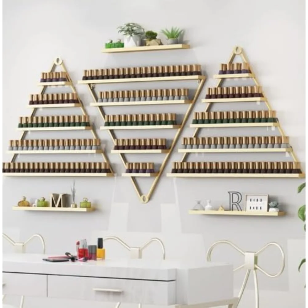 Wall-Mounted Nail Polish Rack Set of 6 Triangular Gold Nail Polish Shelf Lipstick Perfume Cosmetic Display Shelf for Nail Salon