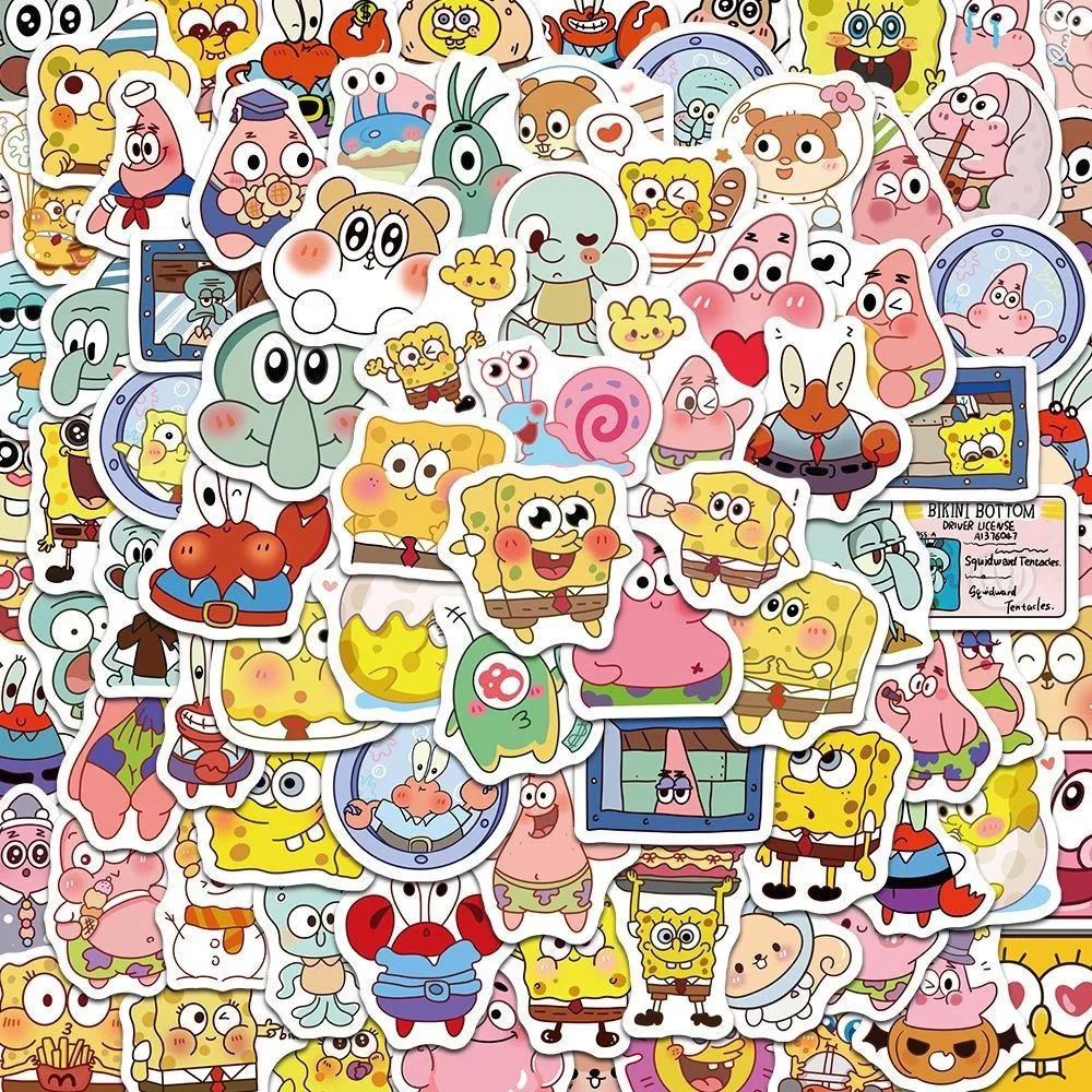 100 piezas de pegatinas de Bob Esponja, figura de dibujos animados de Anime, imagen Kawaii, taza, equipaje, papelería, decoración, juguetes, pegatina, regalos para niños