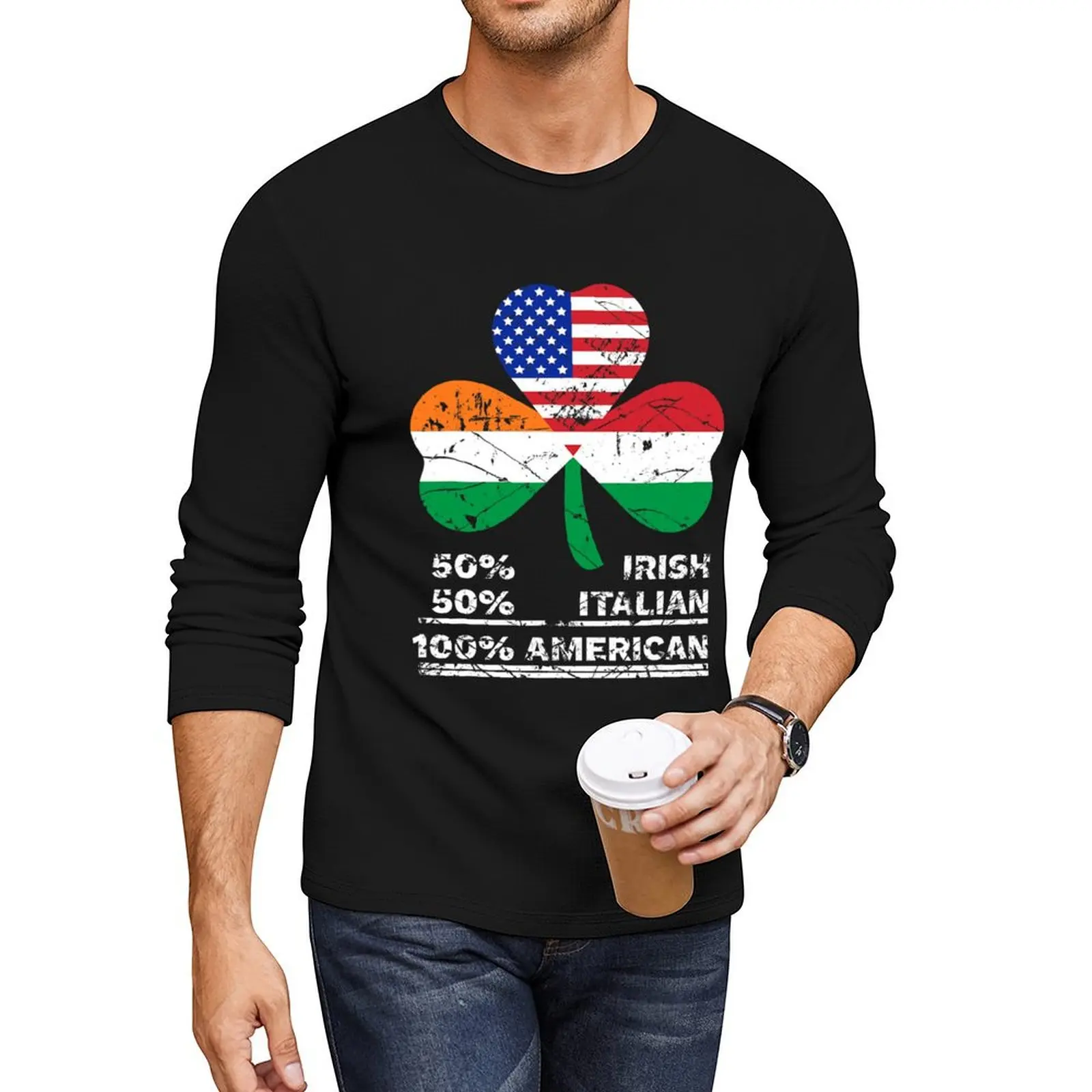 

50 Half Irish Half Italian 100 American Flag Shamrock Root Long T-Shirt sublime t shirt shirts graphic tees plain t shirts men