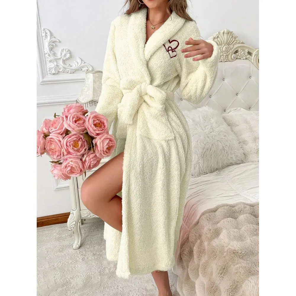 

Womens Plush Heart Embroidered Robe, Soft Cozy Loungewear For Autumn Winter Cream Color Robe Fuzzy Robe Bathrobe For Women Fluf