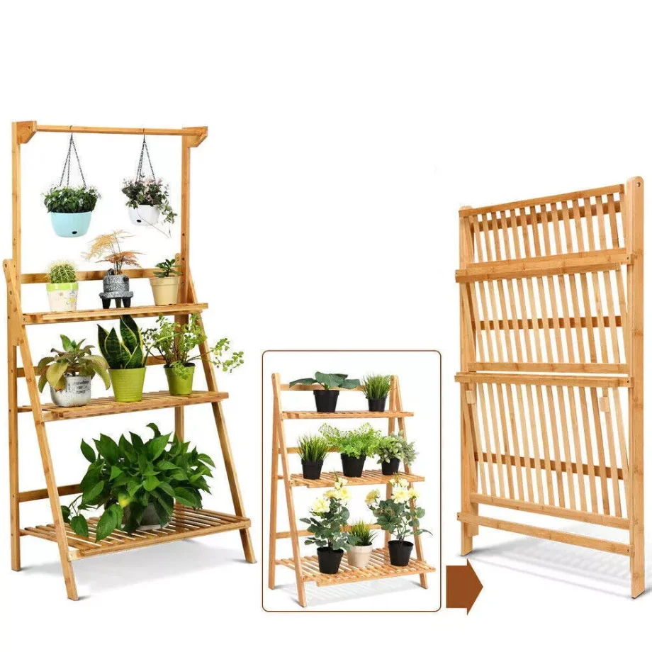 Soporte plegable de bambú para plantas colgantes, organizador de macetas, estantes de almacenamiento, estante de exhibición de flores, 3 niveles