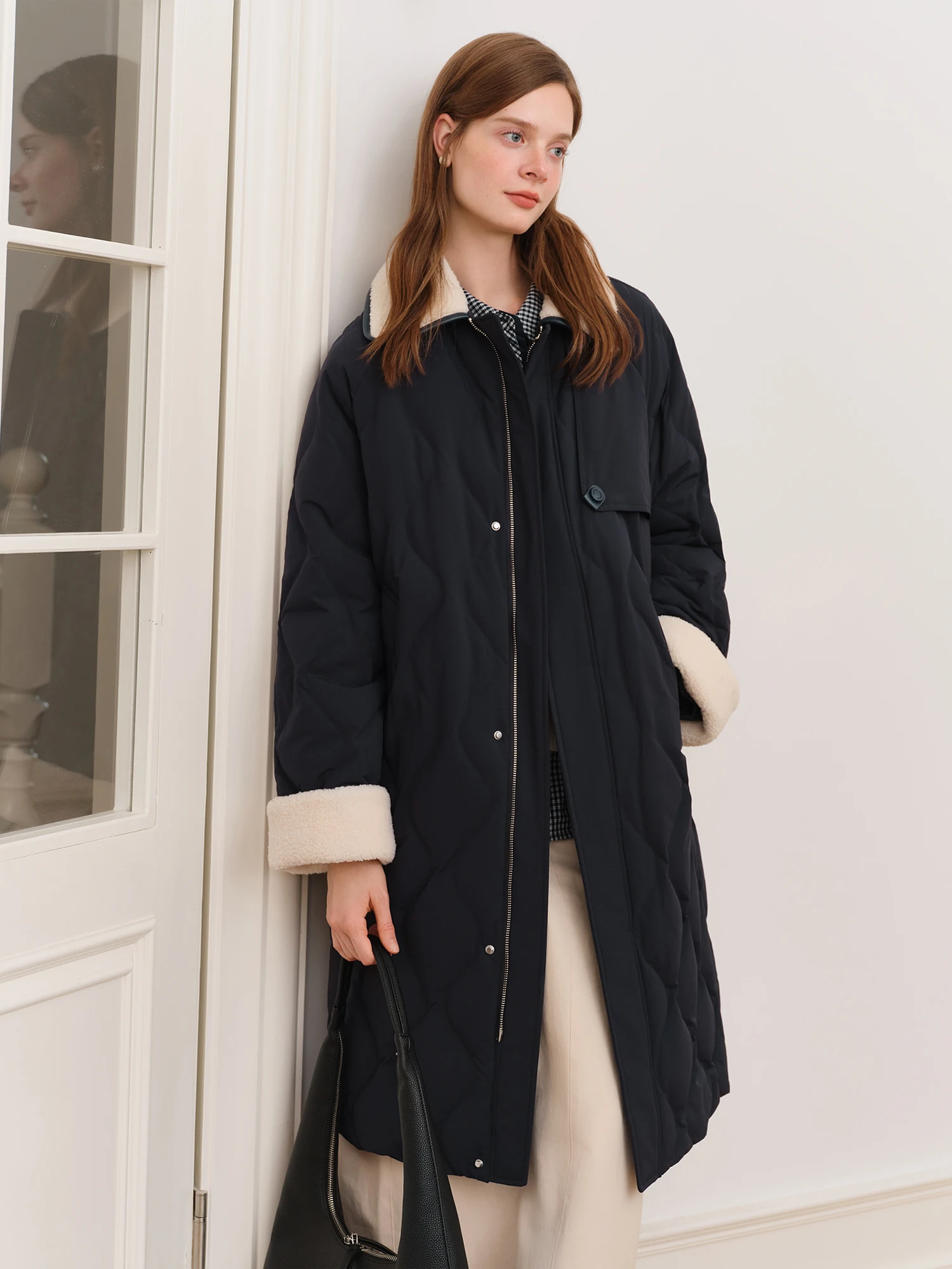 FSLE Korean Style Mid-length Down Jacket Turn Down Collar Winter Splicing Fur Collar Casual Jacket for Women Japanese Style BF