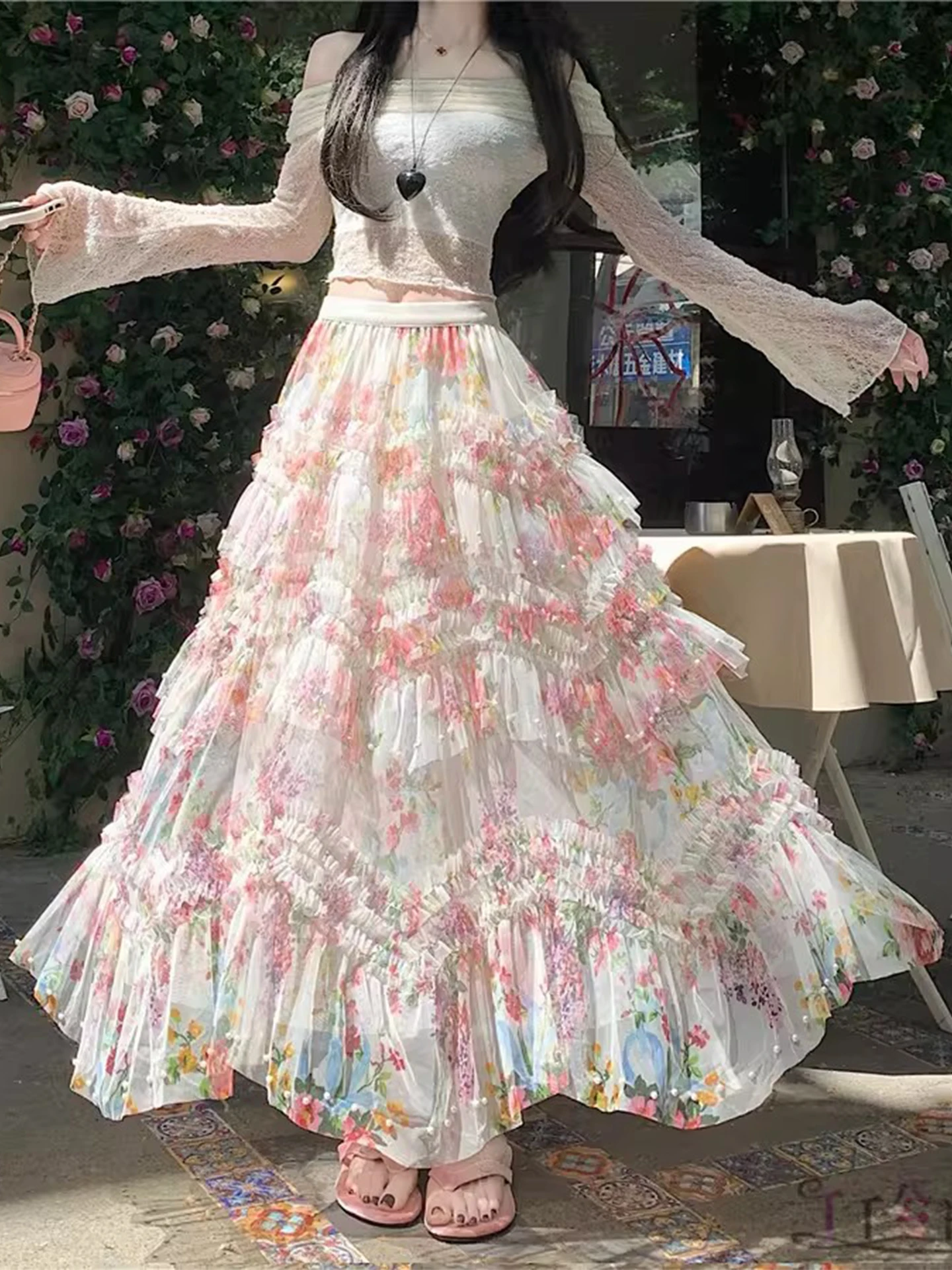Vacation Floral Lace Half Skirt Women's A-Line Maxi Beach Dress New 2026 Design Asymmetrical Beaded High Waist Polyester Fiber