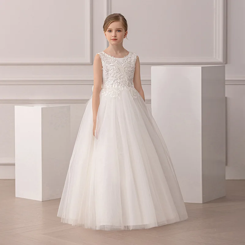 Fashion Sequin Backless White Kids Wedding Dress Flower Girl Princess Dress Formal Baptismal Costume Elegant Girls Party Dresses