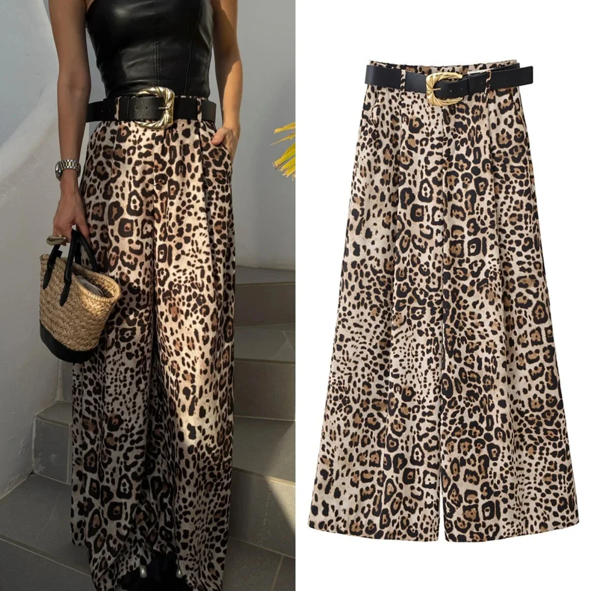 Women High Waist Wide Leg Pants With Belt Summer Chic Streetwear Female Casual Loose Straight Trousers Lady Leopard Satin Pants