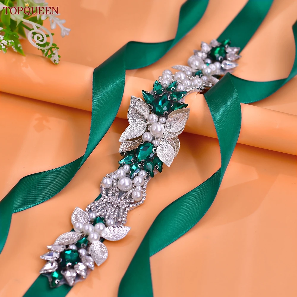 

TOPQUEEN New Alloy Leaf Wedding Supplies Belt Green Stone Jewelry Applique Belt Handmade Bridesmaid Sash Accessories S65-KL