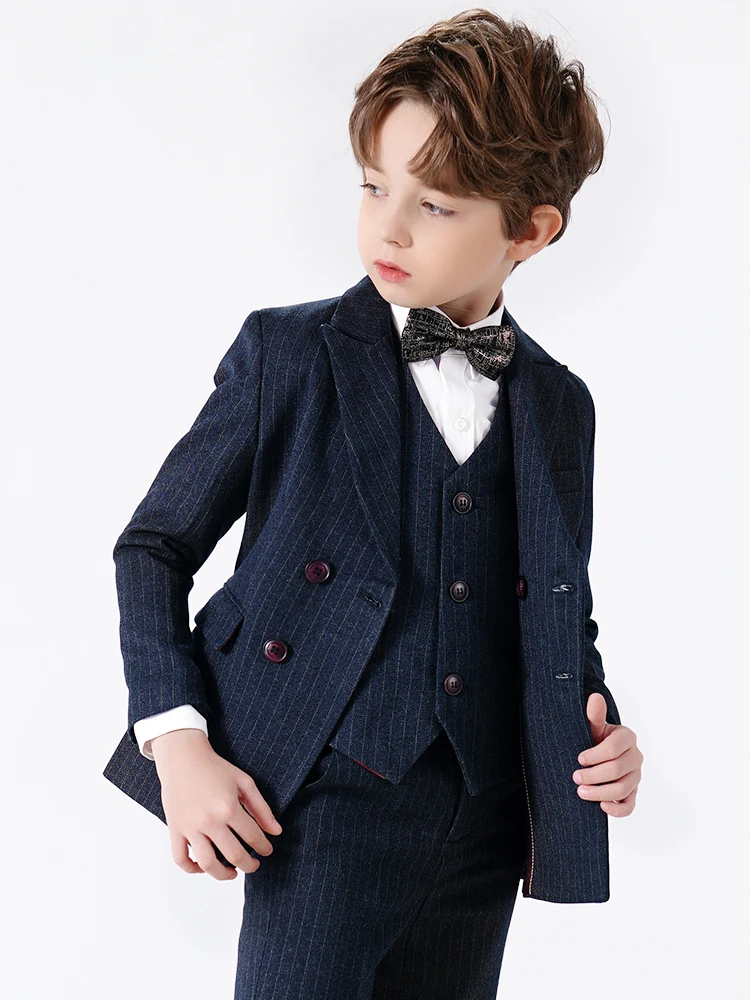 Navy Stripes Boy Suits Dinner Tuxedos Little Kids For Wedding Party Prom Birthday Wear 3 Pieces Jacket Pants Vest