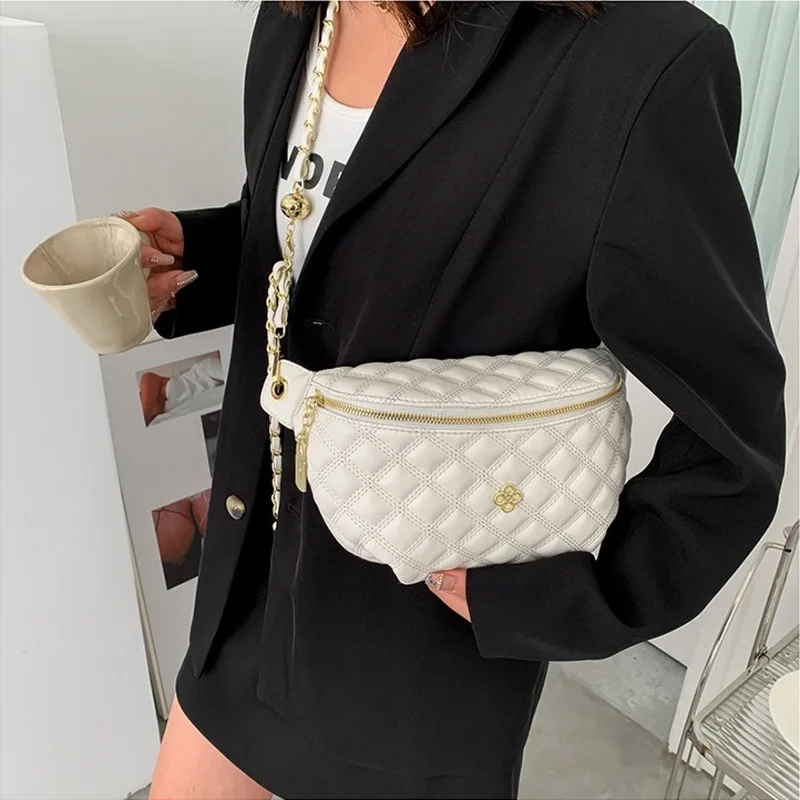 Elegant Diamond Lattice PU Leather Chain Waist Bags For Women 2022 Stylish Applique Fanny Packs Female Waist Pack Crossbody Bag