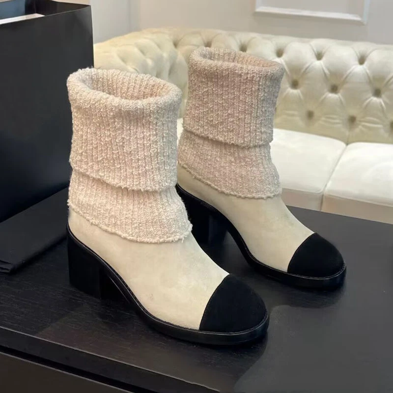 Winter Color blocked Socks Boots for Women Thick Heels For Height Increase and Slimming Flyknit Elastic Fury Short Boots