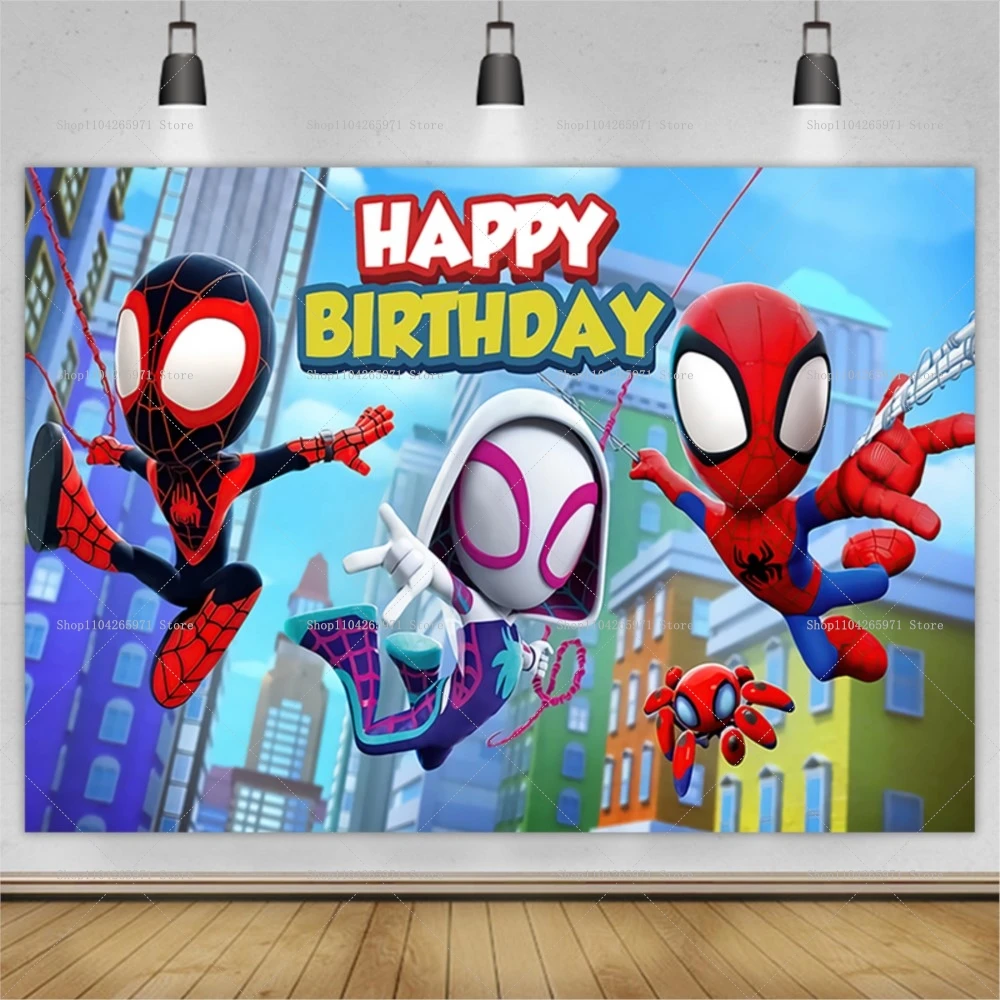 Cute Spidey and His Amazing Friends Themed Backdrop Happy Birthday Superhero Kids Photo Background Banner Baby Shower Decor Prop view 2