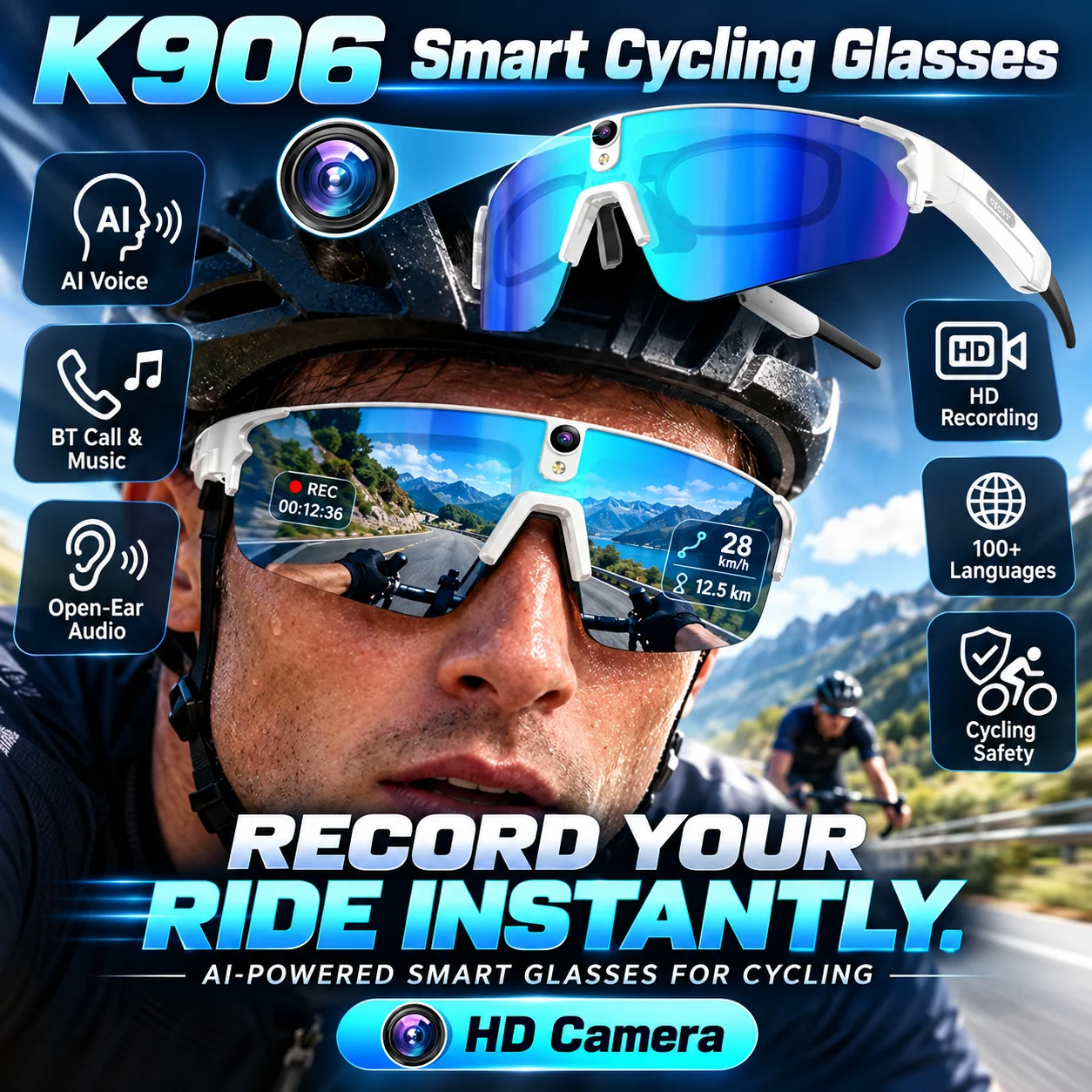 K906 AI Smart Cycling Glasses 8MP Camera HD Video Recording 6-Axis Gyro Stabilization Bluetooth Calls Music AI Translation