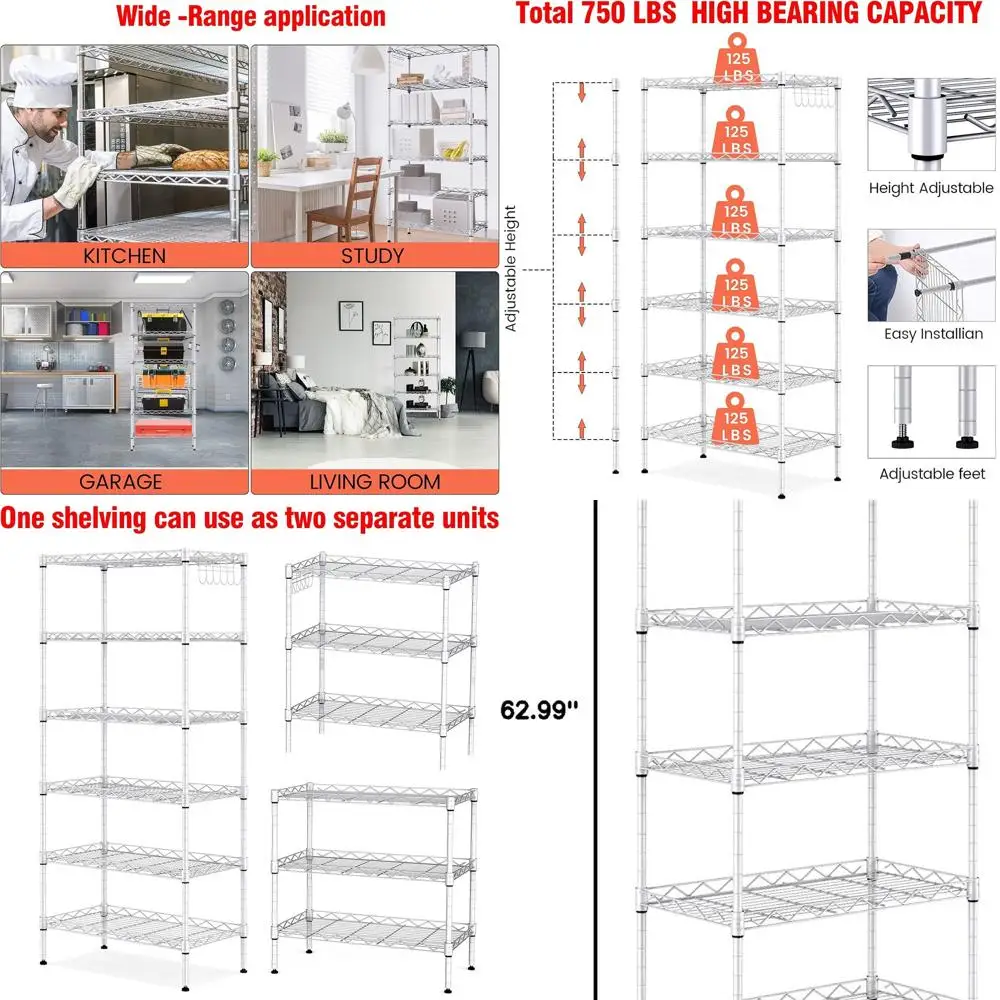 Estantería de Acero Inoxidable de Alta Resistencia de 6 Niveles con Patas Niveladoras y Ganchos para Cocina, Baño, Garaje - Capacidad de 750 lbs