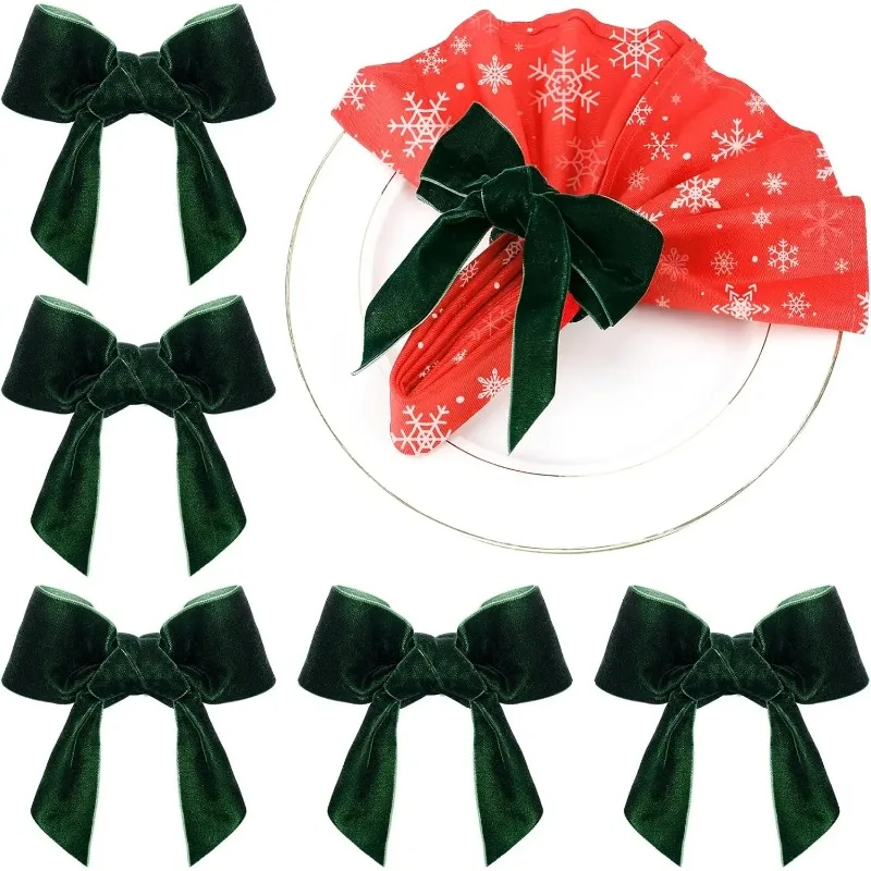 1-10PCS Red Green Velvet Bow Napkin Holders Festive Christmas Table Decor Elegant Dinner Party Holiday Gathering Centerpiece