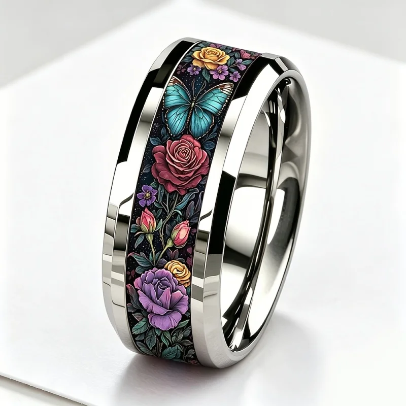 Huitan Vintage Butterfly Flower Sticker Stainless Steel Ring for Women Statement Colorful Art Fashion Party Accessories Jewelry