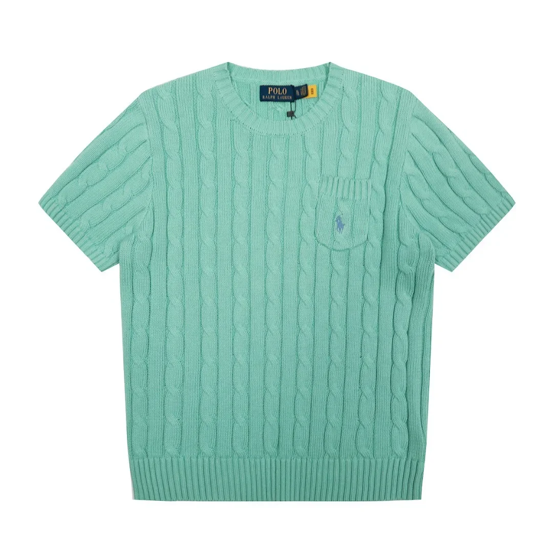 سترة محبوكة أنيقة بأكمام قصيرة مع جيب أمامي وتصميم تويست مطرز RL جديد 25SS بلوزة عصرية للنساء