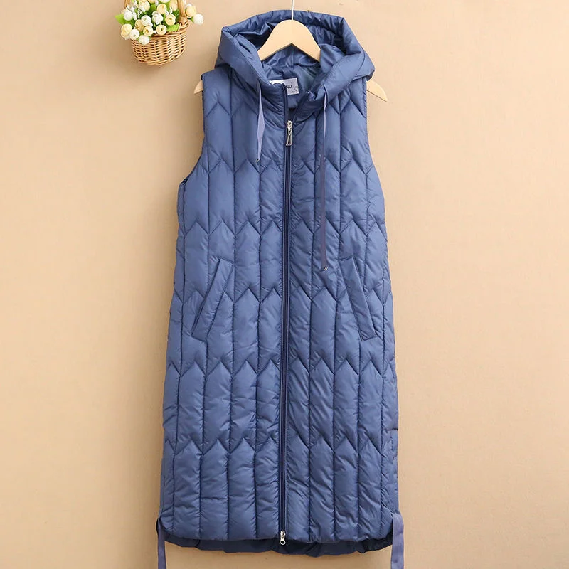 Autumn Winter Coat Down Cotton Vest 2023 Women Long Vest Loose Hooded Sleeveless Jacket Female Waistcoat Outerwear Chaleco Mujer