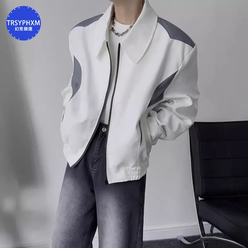 

TRSYPHXM 2024 new White niche short lapel jacket, 2024 spring and autumn casual loose American baseball jacket for men