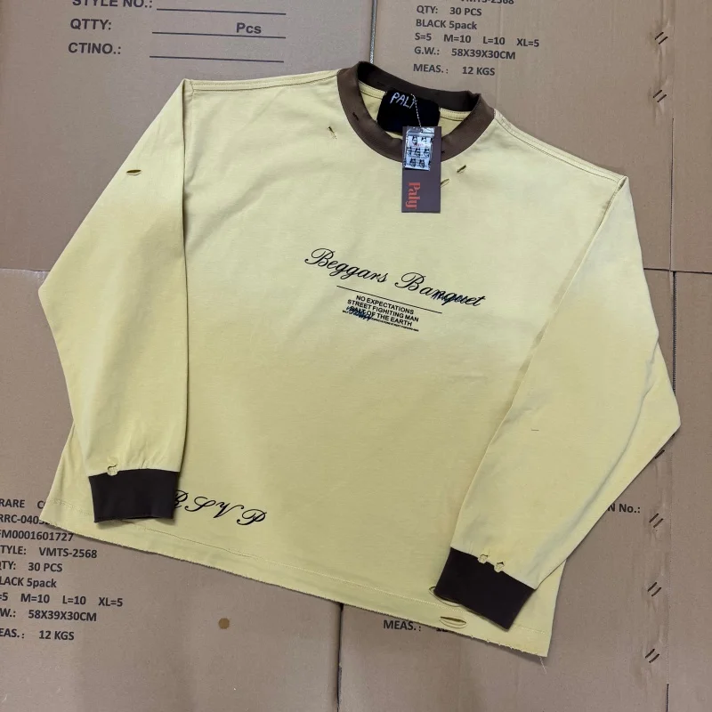 High Street Gradient Yellow Fall Paly Personalized Slogan Letter Print Loose Fit Distressed Long-Sleeve T-Shirt