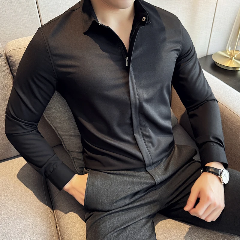 2024 Spring Long Sleeve Shirts Men Hidden Zipper Casual Shirts Slim Fit Solid Color Business Social Formal Shirt Men Clothing