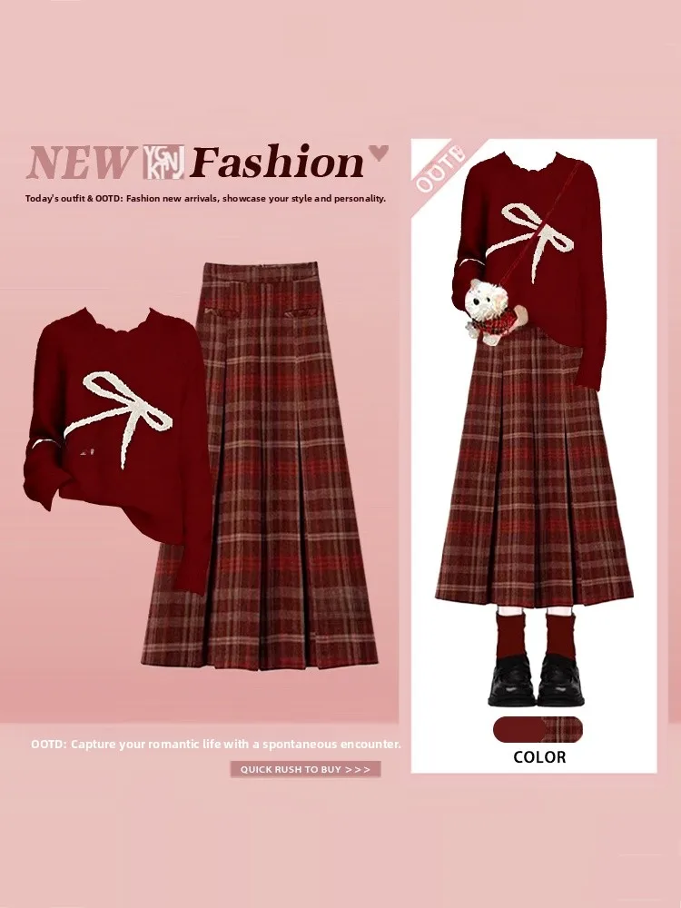 

Red Knitted Sweater And Plaid Skirt Set Vintage College Sle Women's Faion Winter Outfit New Year's Aosphere Look