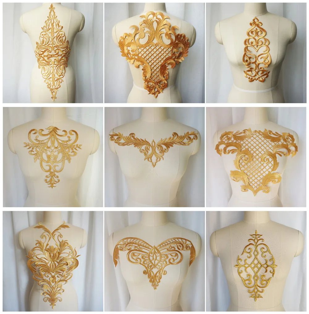 Gold Embroidery Baroque Grid Sequin Flower Applique Sew Iron Patch Wedding Gown Bridal Dress Clothes DIY Handwork Patches Crafts