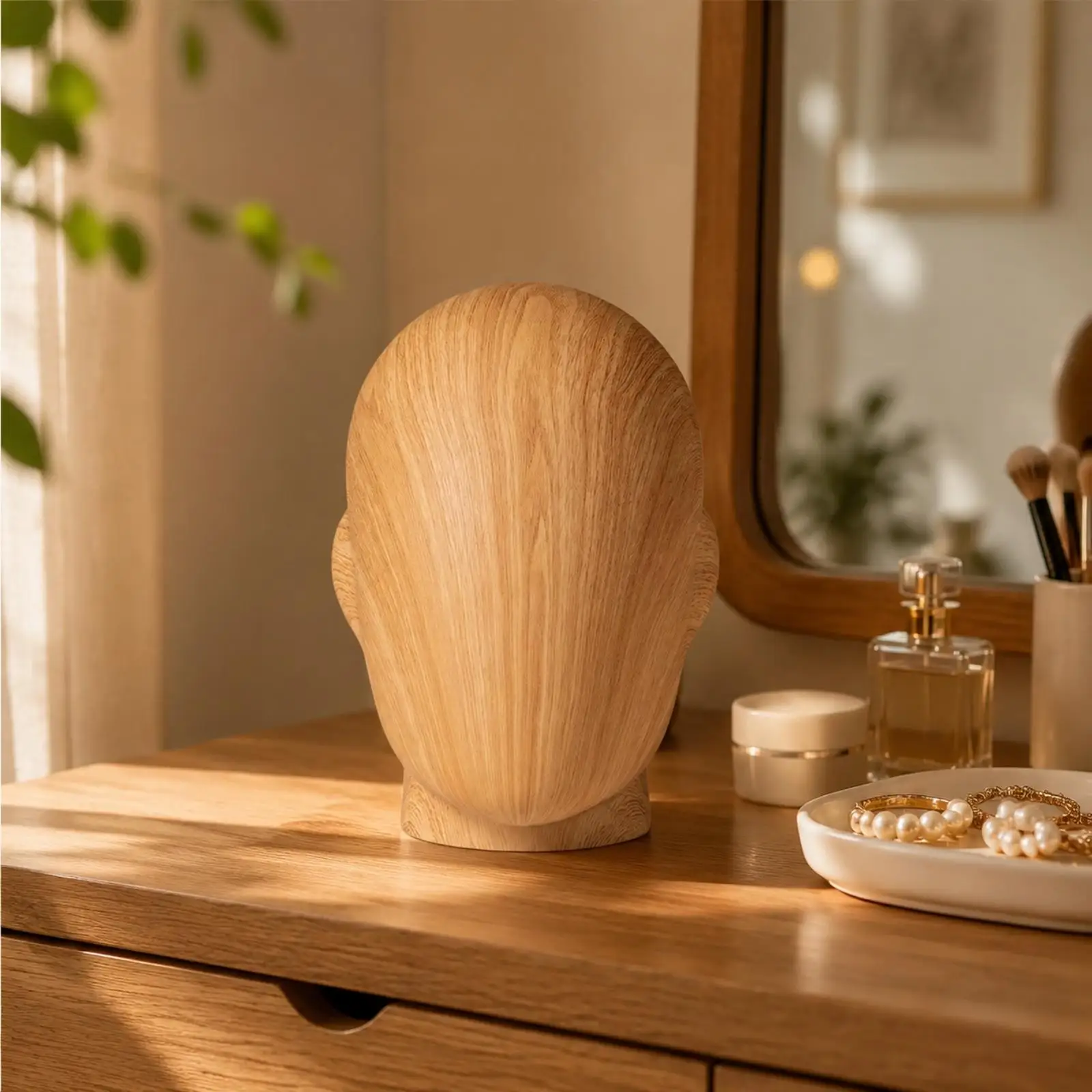 Wood-Grain Wooden Male Mannequin Head Realistic for Retail Stores Display Unisex Natural Wood Color