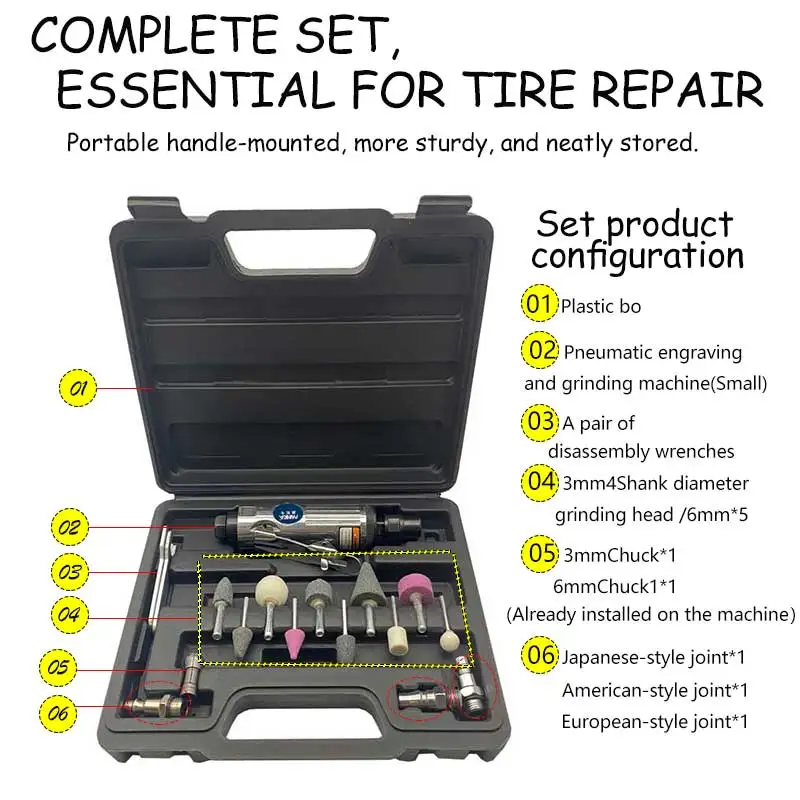 Pneumatic Engraving Grinder, Tire Repair Sander Pneumatic Small Polisher Automobile Repair Tire Polisher Plastic Case Tool Set