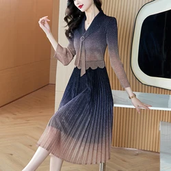 Miyake Pleated Autumn Dress Vintage Women Notched Gradient Color Bright Silk Long Sleeve Fake Two Pieces Office Midi Vestidos