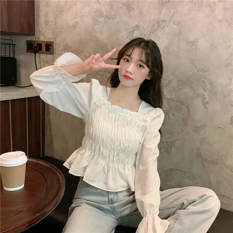 Square Neck Long Sleeve Shirt Women's Design High Waist Short Top Blusas Clothes for Women Tops Shirts Blouses