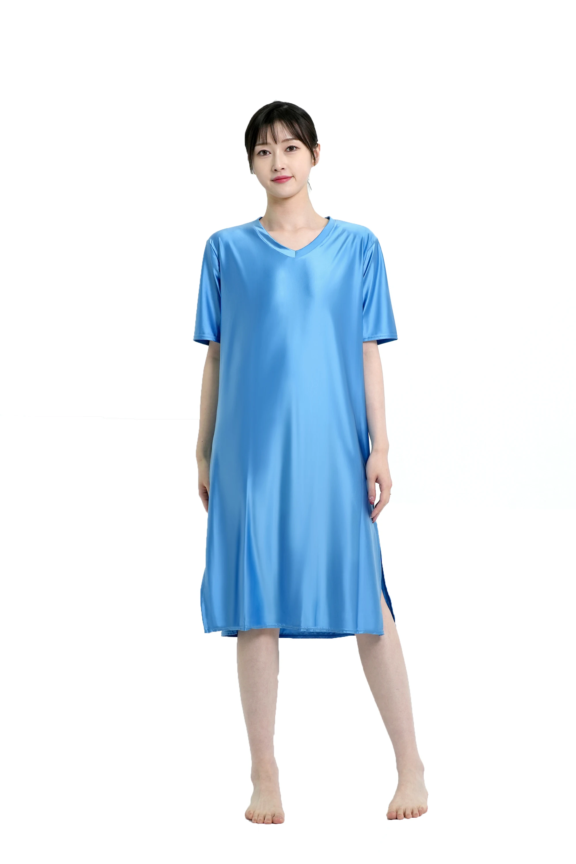 MJINM Women Silky Oil Smooth Long Dresses V-Neck Short Sleeve Comfortable Beach Casual Glossy Loose Housewear Pajamas Nightdress