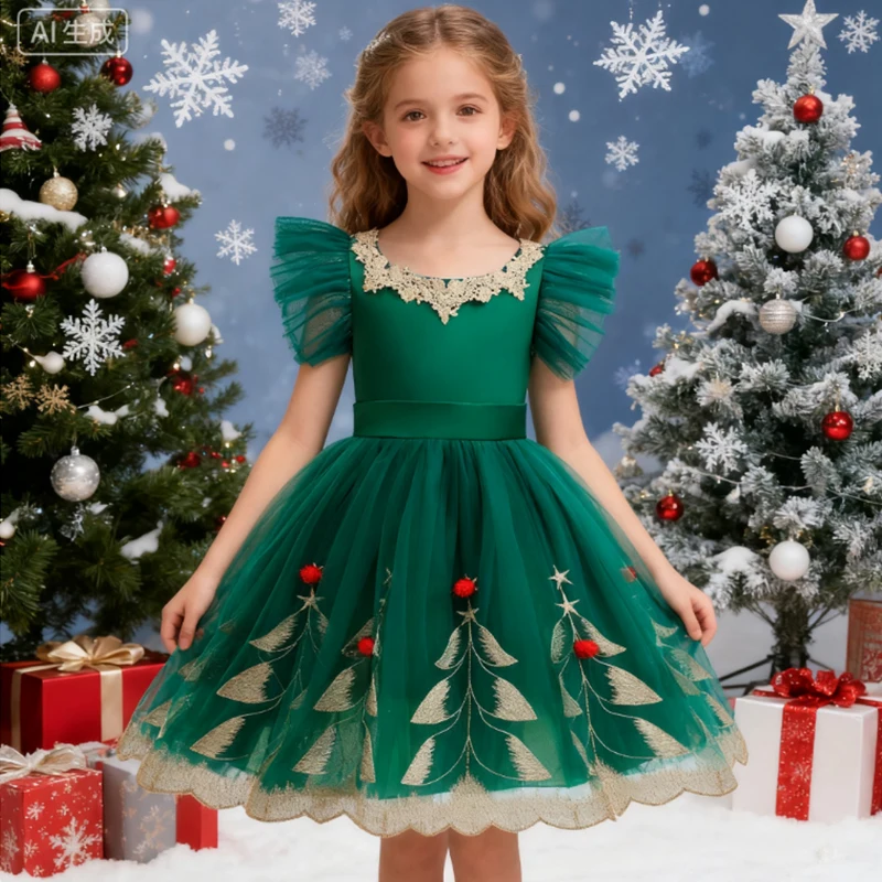 Christmas Dress For Girls Luxury Embroidery Princess Dress Kids Elegant Christmas Party Stage Performance Dress Festive Dress