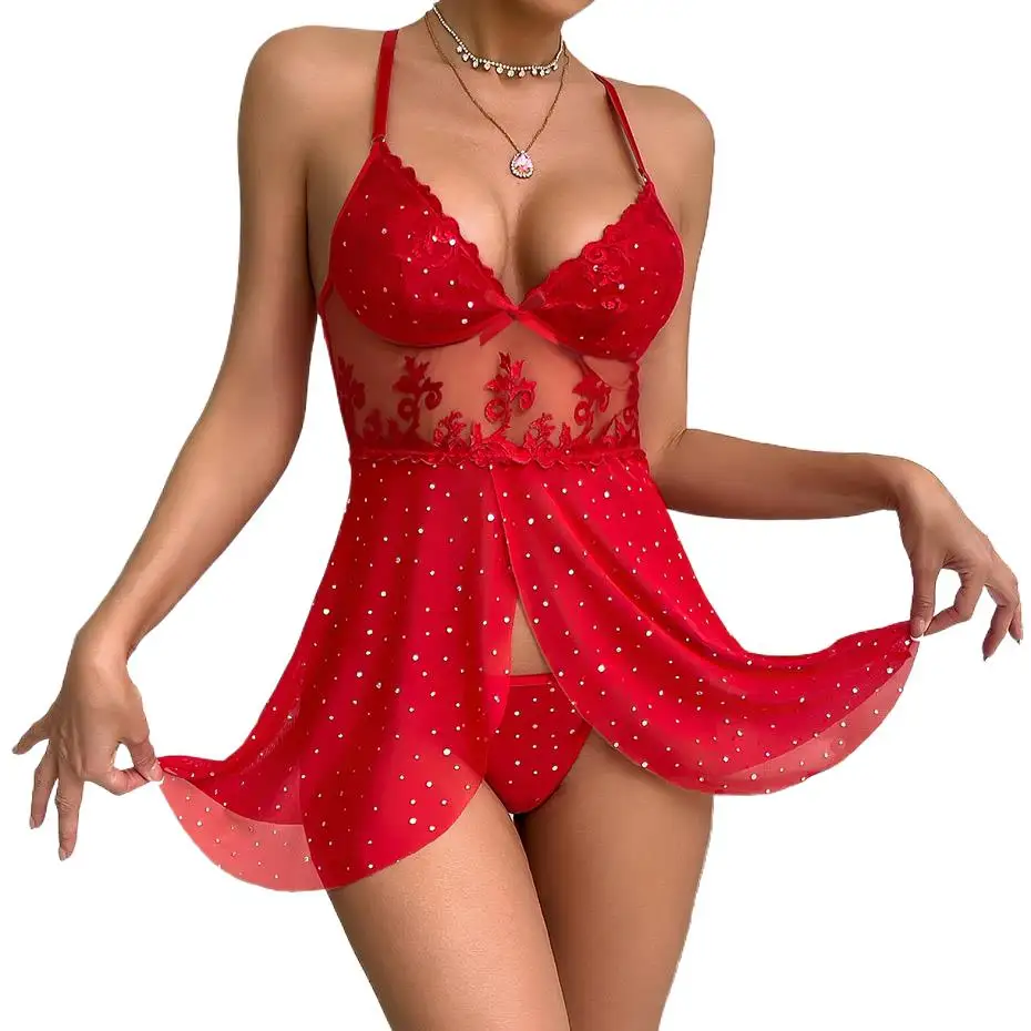 

Красное сексуальное ночное белье, женский комплект эротического нижнего белья из 2 предметов, прозрачное платье Babydoll с блестками, одежда для сна с открытой спиной, эротический костюм