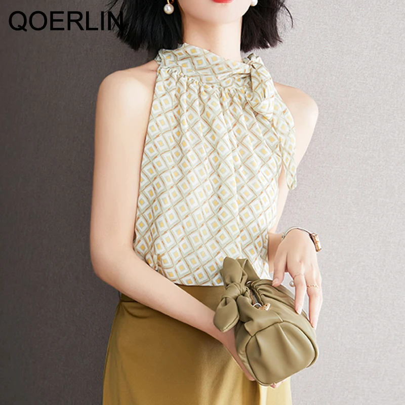 

QOERLIN Sexy Off Shoulder Halter Women Chiffon Blouses Elegant Checked Chic Sleeveless Shirt Camis OL Style Vest Tops Summer