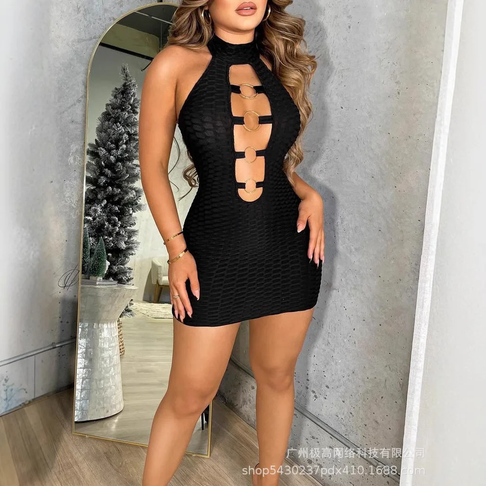 Dames halterneck uitgehold slanke mini-jurk mouwloze bodycon slanke sexy skinny jurk zomer zwart