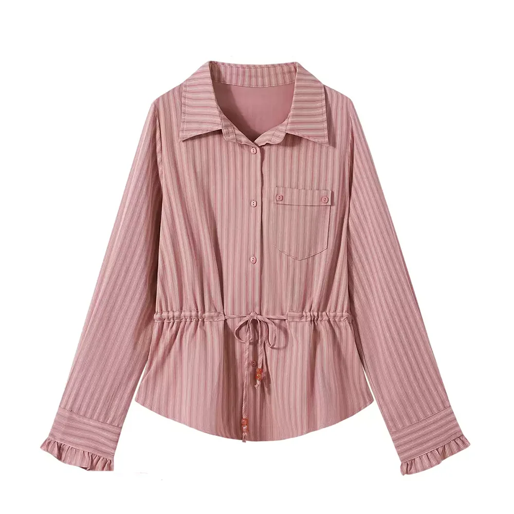 

Женская розовая полосатая рубашка с длинным рукавом Y2K, японская Harajuku, эстетичная уличная офисная повседневная винтажная верхняя рубашка, одежда 2025