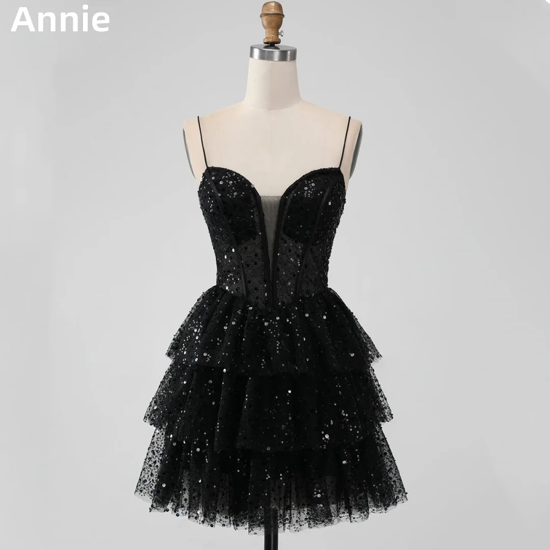 Annie Black Glitter Sequins Prom Dresses Spaghetti Strap Tulle Layering Evening Dresses Coming Of Age Ceremony Party Dress