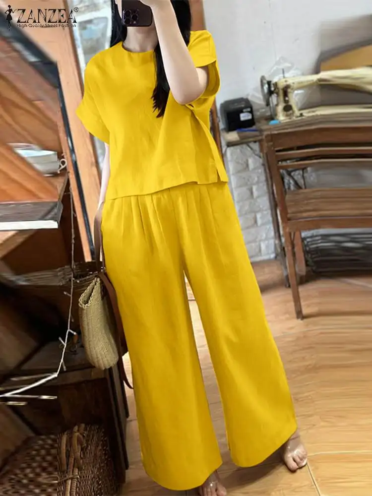 ZANZEA 2024 Fashion 2pcs Tracksuit Women Matching Sets Summer Short Sleeve Blouse Wide Leg Pant Sets Casual Loose Suits Outfits