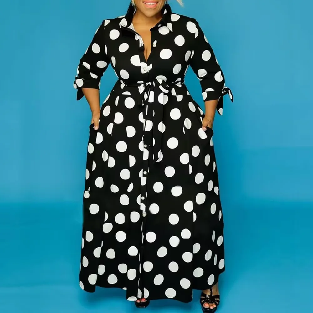 Plus Size Women Shirt Dress Long Sleeve Spring Fashion A-Line Polk Dot Print Elegant Casual Pockets Lace Up Dress Vestido