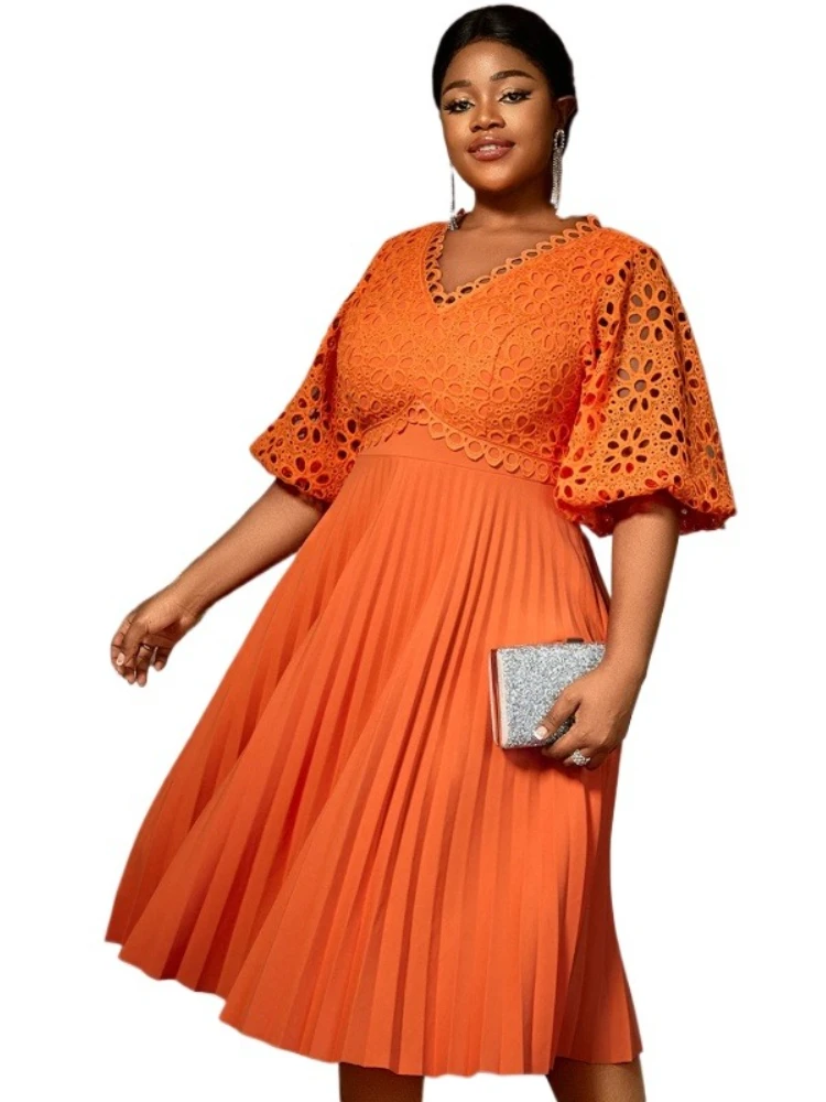 V Neck Hollow Out Lace Patchwork Pleated Midi Dresses for Women with Lantern Sleeves for Weddings Party and Special Occasions