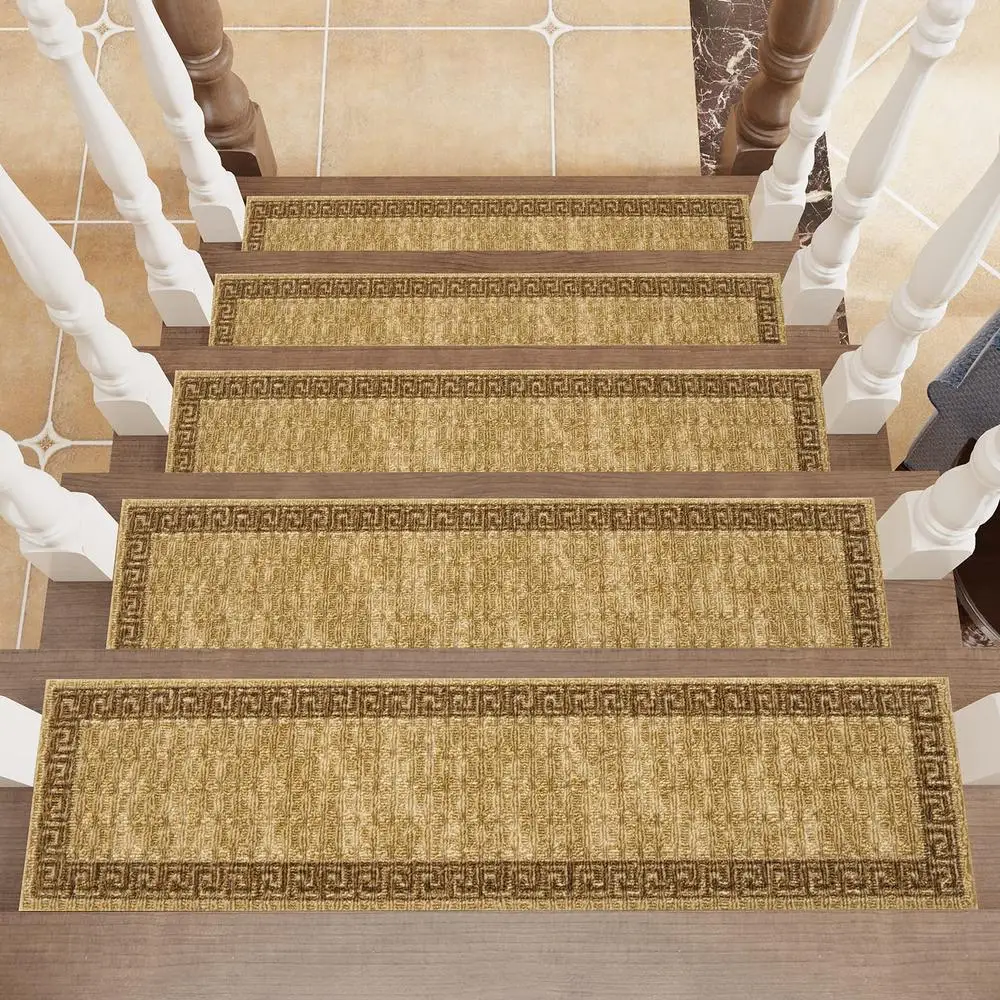 15PCS Non-Slip Stair Treads Wooden Steps Carpet Luxury Polyester Rugs Kids Stick Tight Sturdy Backing Durable Machine Washable