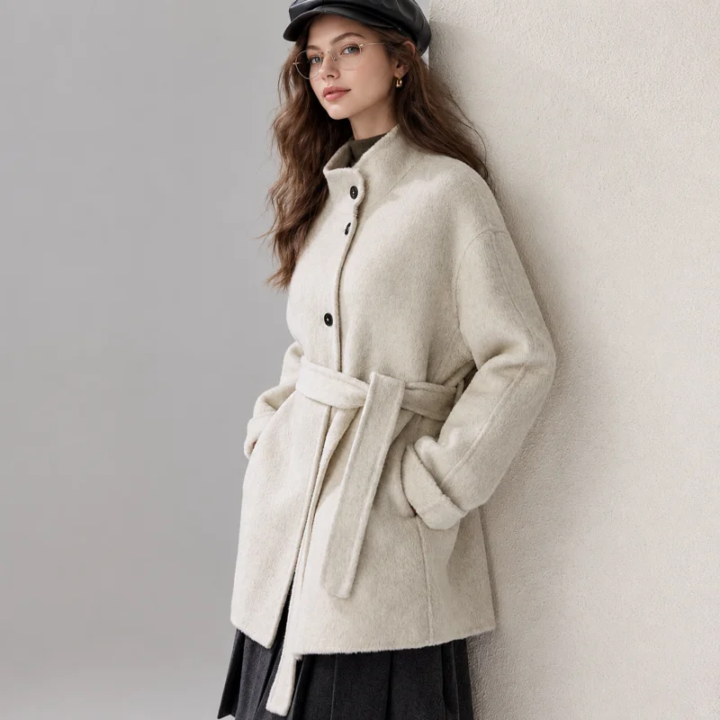 Women's Stand Collar Belted Mid Length Coat, Button Front Oversized Loose Fit Winter Overcoat